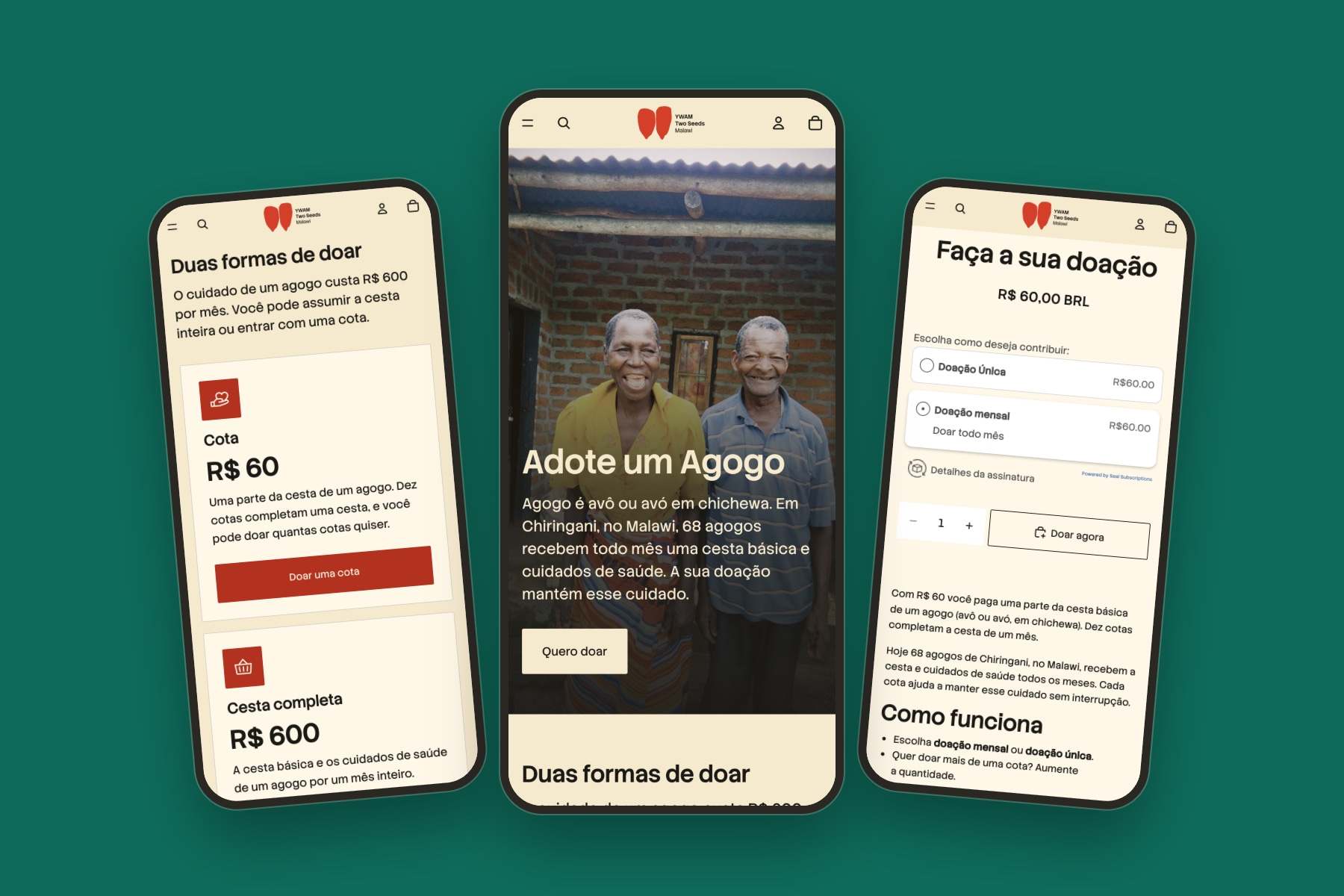 Three phones show the new store: the home screen with two smiling agogos and the title Adote um Agogo, the two ways to give, and the choice between a one-time and a monthly donation