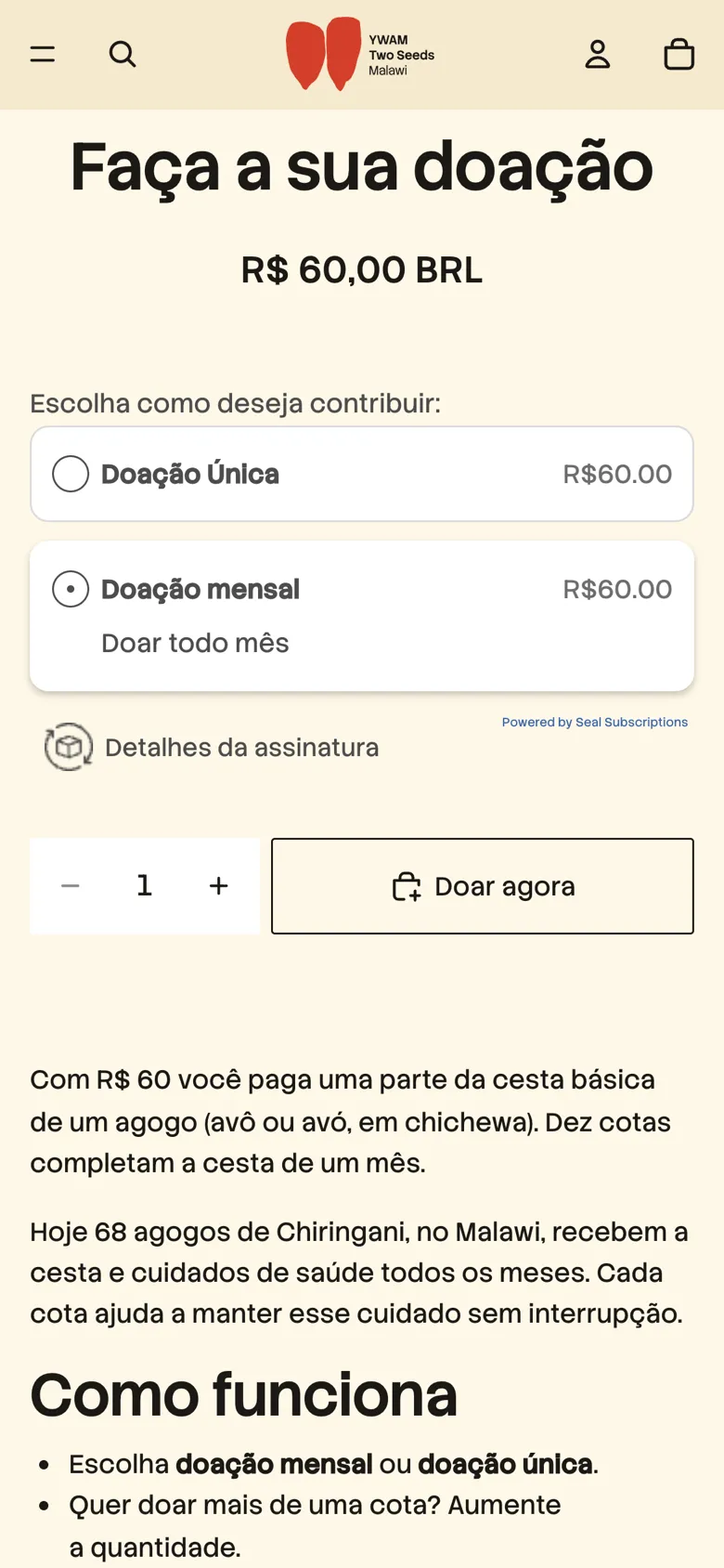 The share page in the store, with the options Doação Única (one-time) and Doação mensal (monthly) and the button Doar agora (Give now)