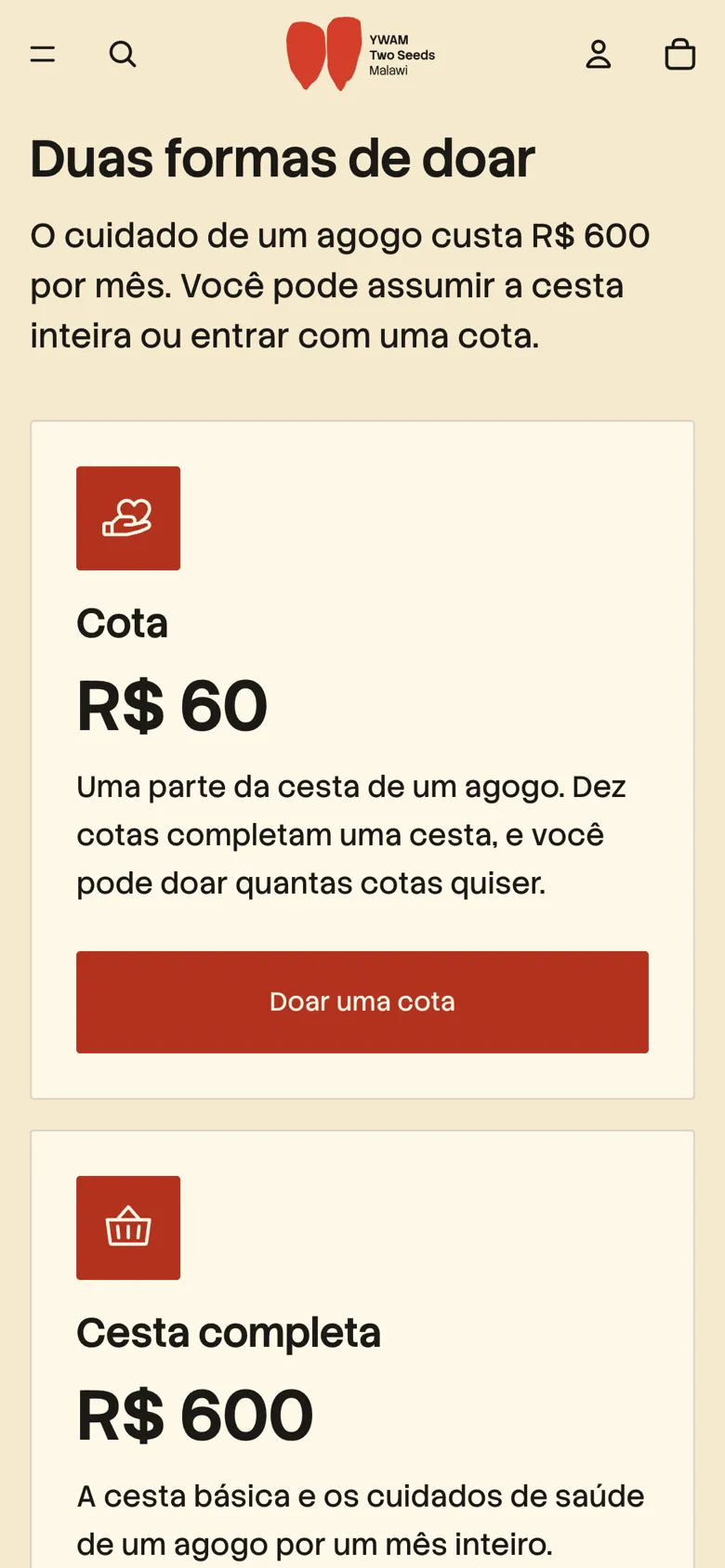 Store screen with the two ways to give: a R$ 60 share (Cota) and a R$ 600 full basket (Cesta completa), each with its own button